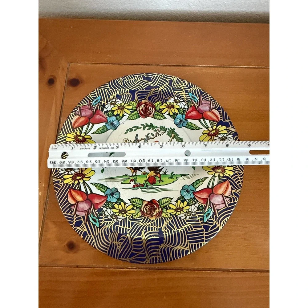 Vintage Action Industries Brazil‎ Rooster Floral Tin Plates 9 in Lot-2 Farmhouse
